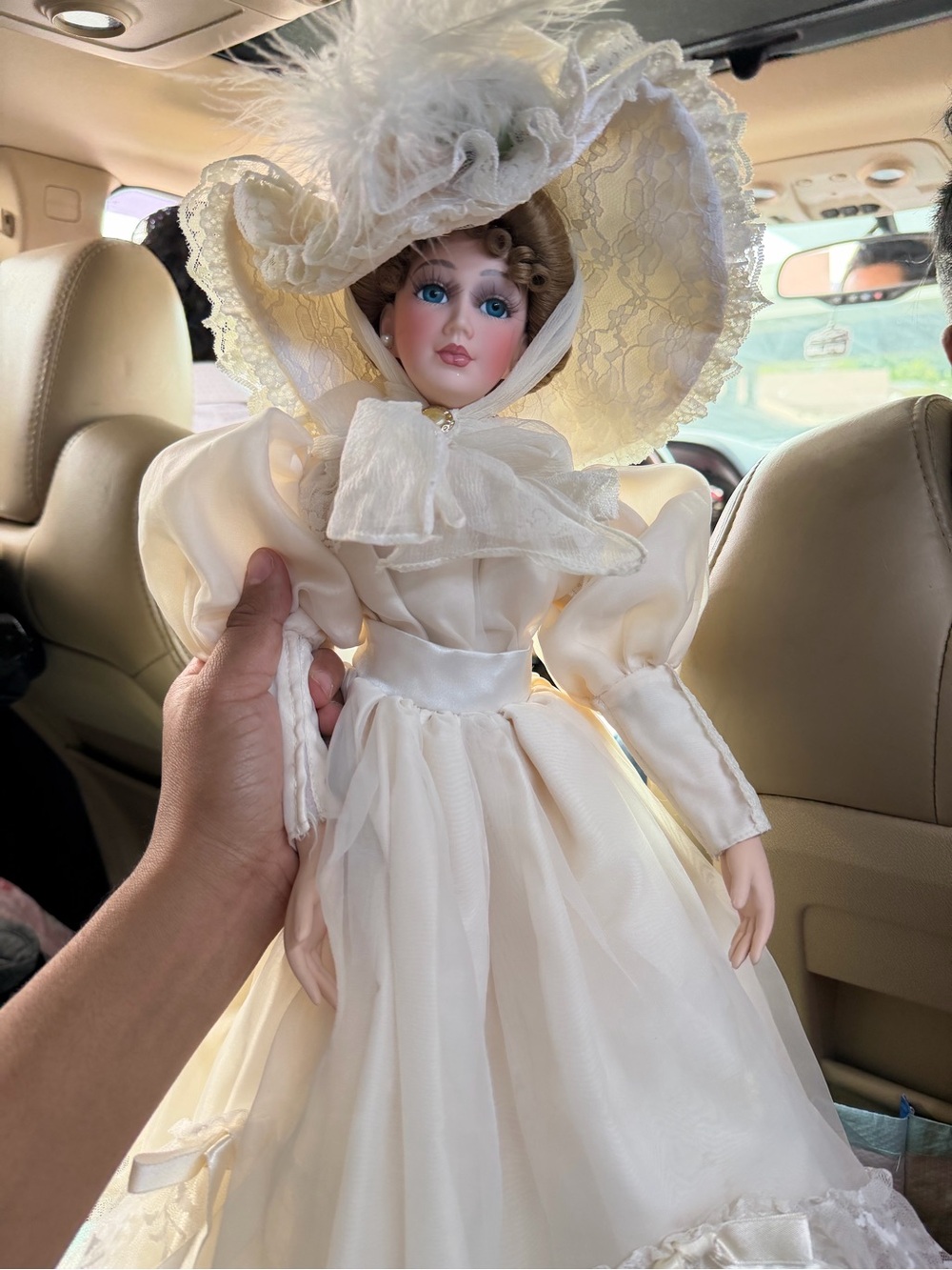 Crystal Doll Ivory Lace Wide-Brim Bonnet Hat with Feather Trim